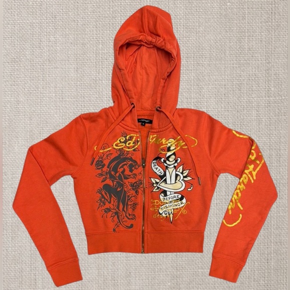 Ed Hardy Y2K Hoodie Double Sided Graphics Death Before Dishonor Crop Top Hoodie - Picture 4 of 12